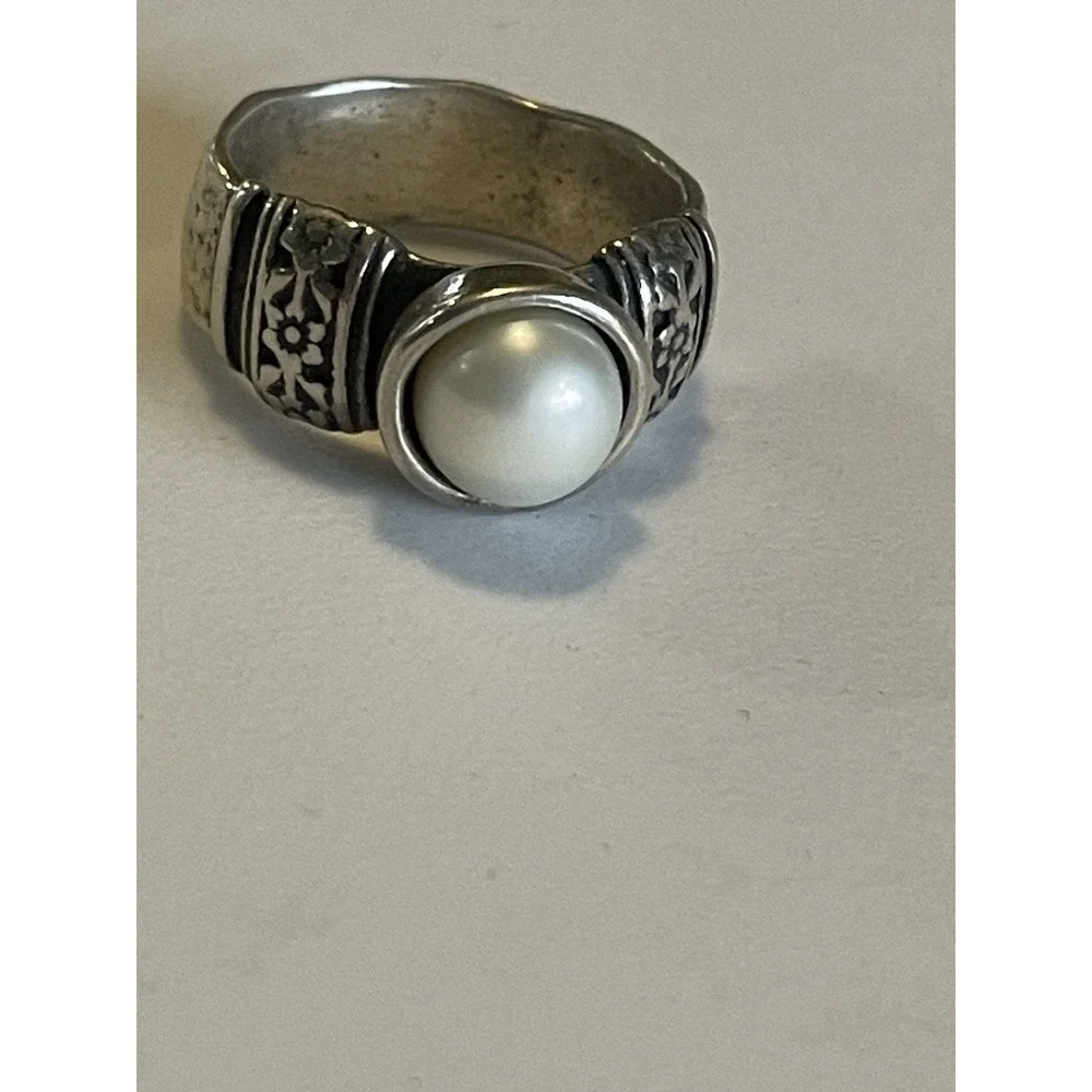 Sterling Sliver Hammered Solitaire Pearl Band Ring Israel Size 7.5 Statement